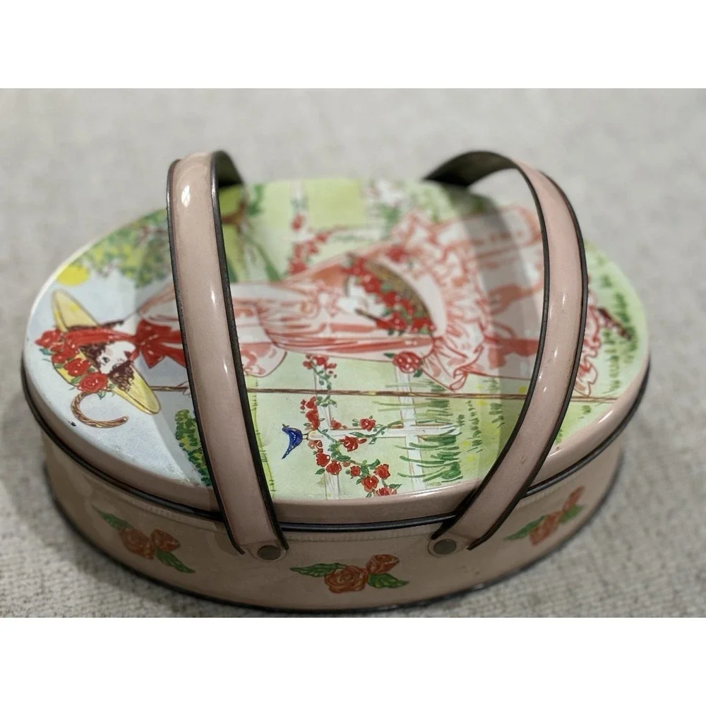 Vintage Valleybrook Farms Oval Tin Cookie Box Cottage‎ Girl Bunny Floral Storage